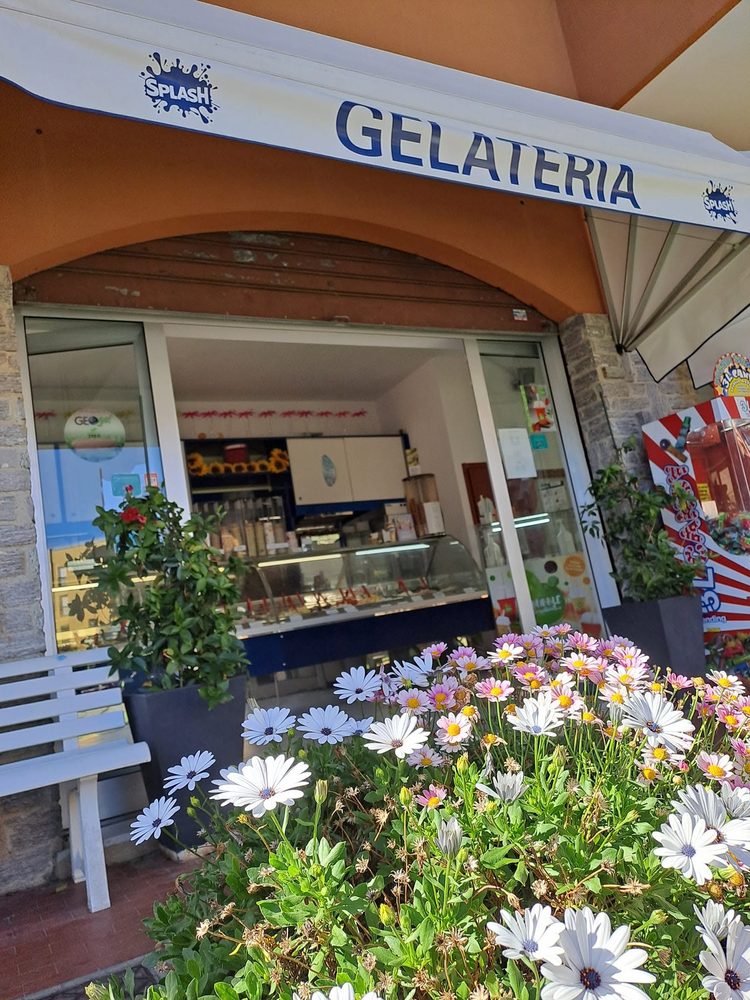 L'ingresso di Gelateria Splash in Via Caprì, con fiori e insegna blu